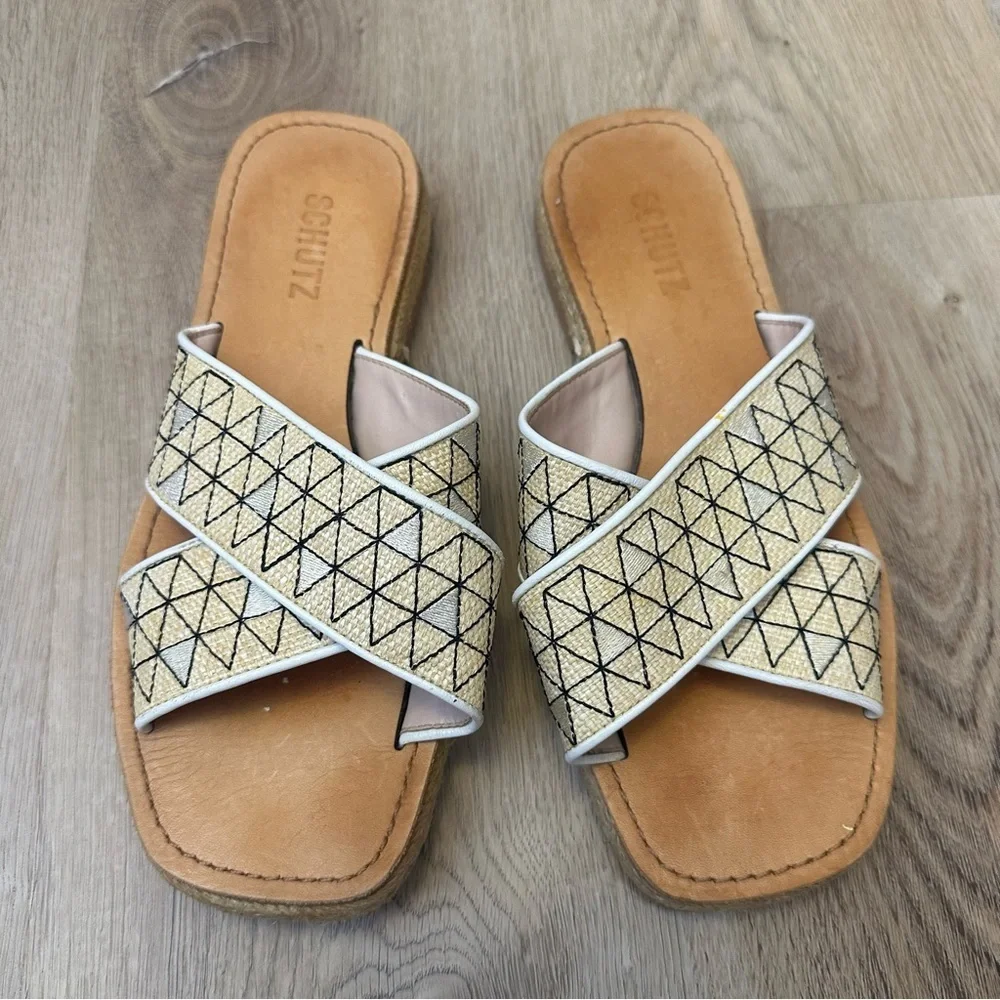 SCHUTZ Beige and Black Geometric Sandals